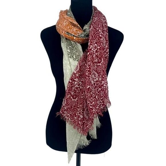 Scarf Women’s Block Print Light Weight Rayon‎ Fringe Red Orange Green - Picture 1 of 5